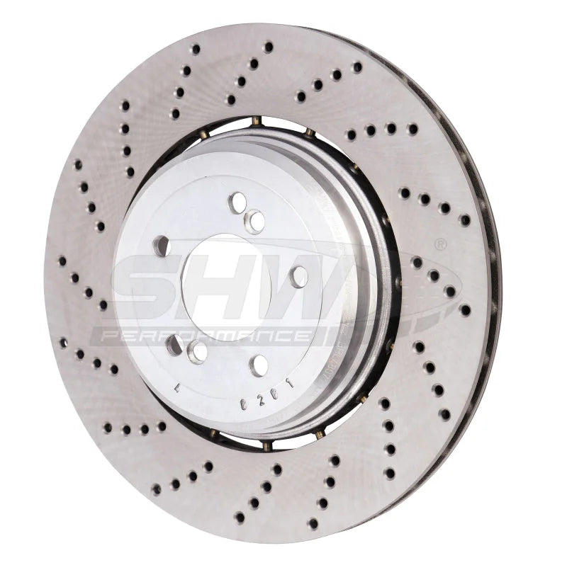 SHW 06-10 BMW M5 5.0L Left Rear Cross-Drilled Lightweight Brake Rotor (34212282807) - Main Product View