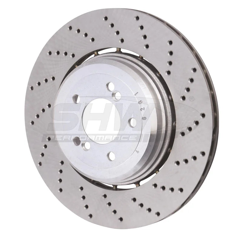 SHW 06-10 BMW M5 5.0L Right Rear Cross-Drilled Lightweight Brake Rotor (34212282808) - Main Product View