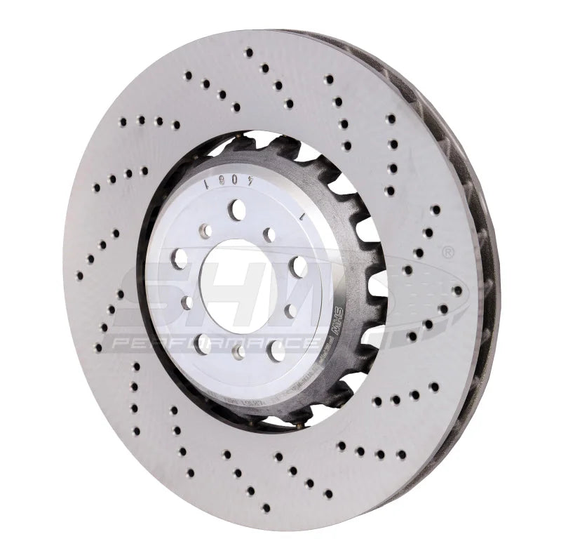 SHW 13-16 BMW M5 4.4L Right Front Cross-Drilled Lightweight Brake Rotor (34112284102) - Main Product View