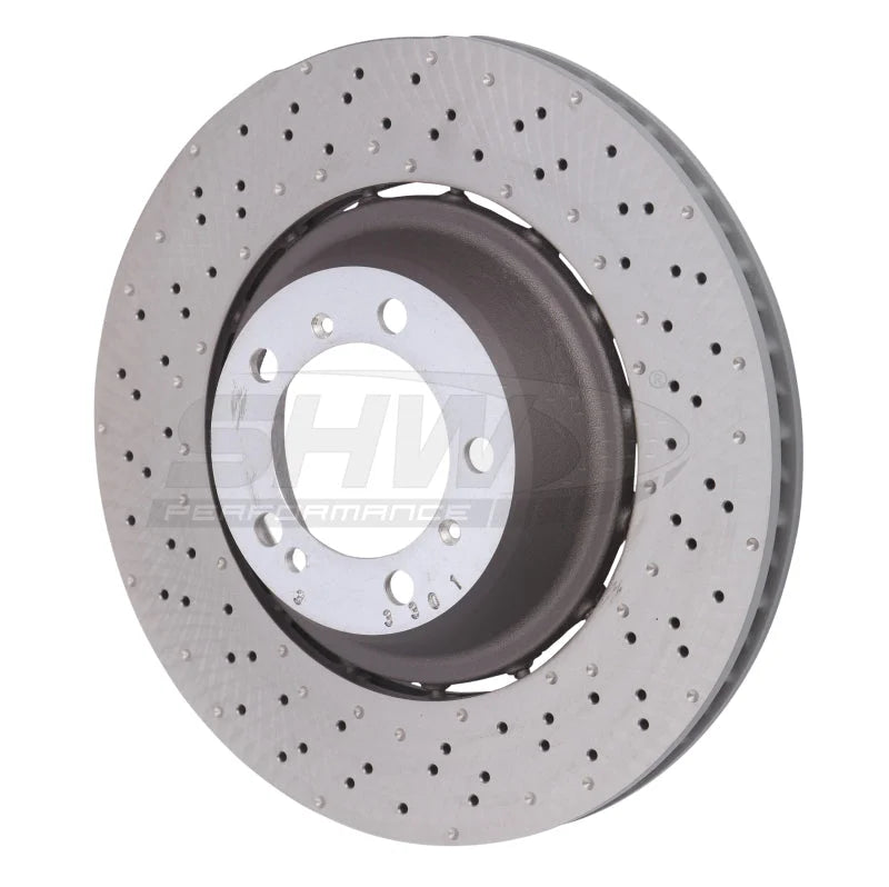 SHW 14-19 Porsche 911 Turbo 3.8L w/o Ceramics Left Rear Drilled-Dimpled LW Brake Rotor (99135240703) - Main Product View