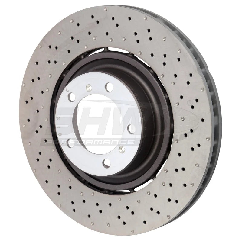 SHW 14-19 Porsche 911 Turbo 3.8L w/o Ceramics Right Front Drilled-Dimple LW Brake Rotor (9P1615302K) - Main Product View