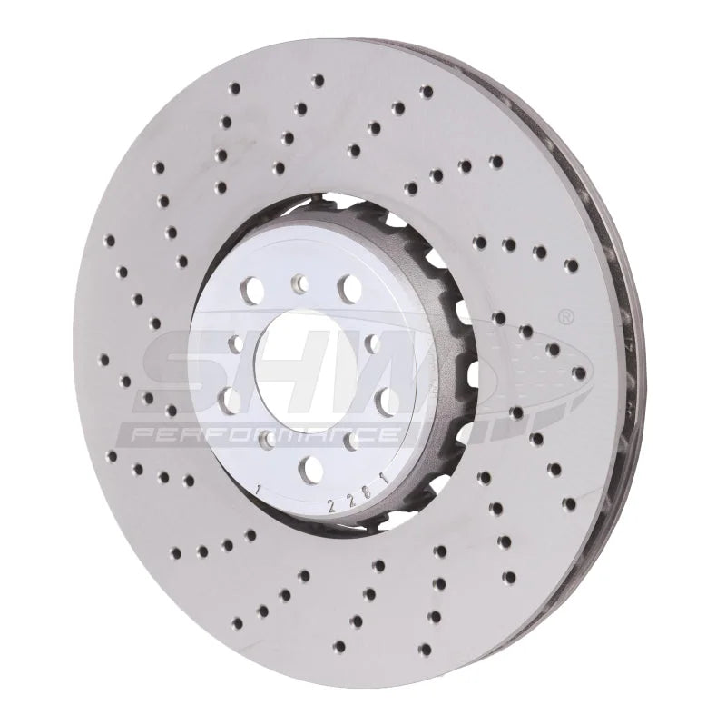 SHW 15-18 BMW X5 M 4.4L Left Front Cross-Drilled Lightweight Brake Rotor (34112284901) - Main Product View
