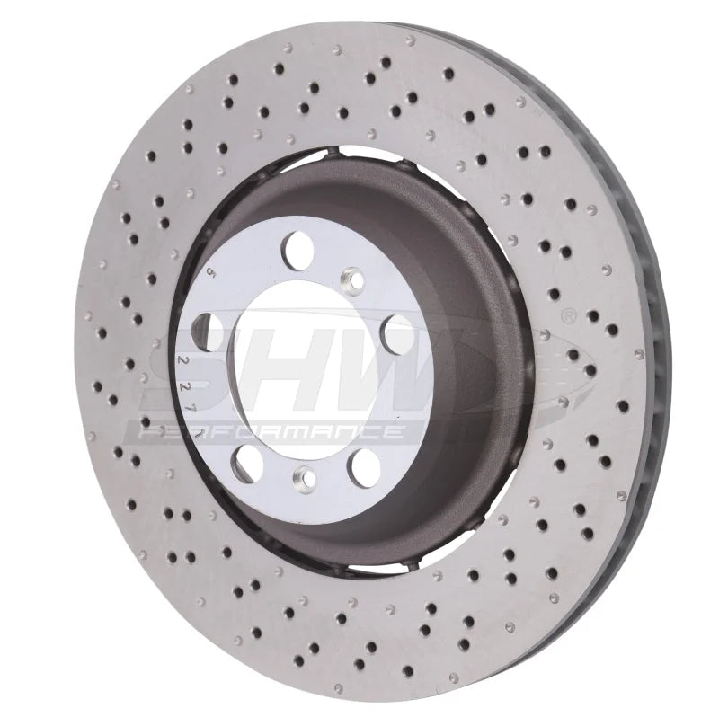 SHW 18-19 Porsche 911 GT3 4.0L w/o Ceramics Left Rear Drill-Dimp LW Brake Rotor (99135240780) - Main Product View
