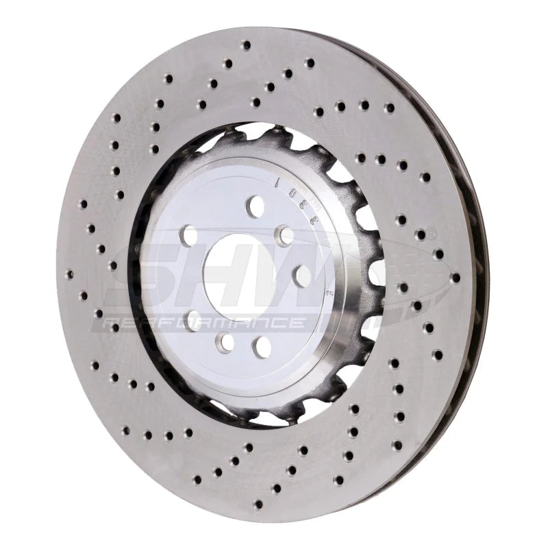 SHW 18-21 BMW M5 4.4L Left Rear Cross-Drilled Lightweight Brake Rotor (34217991103) - Main Product View