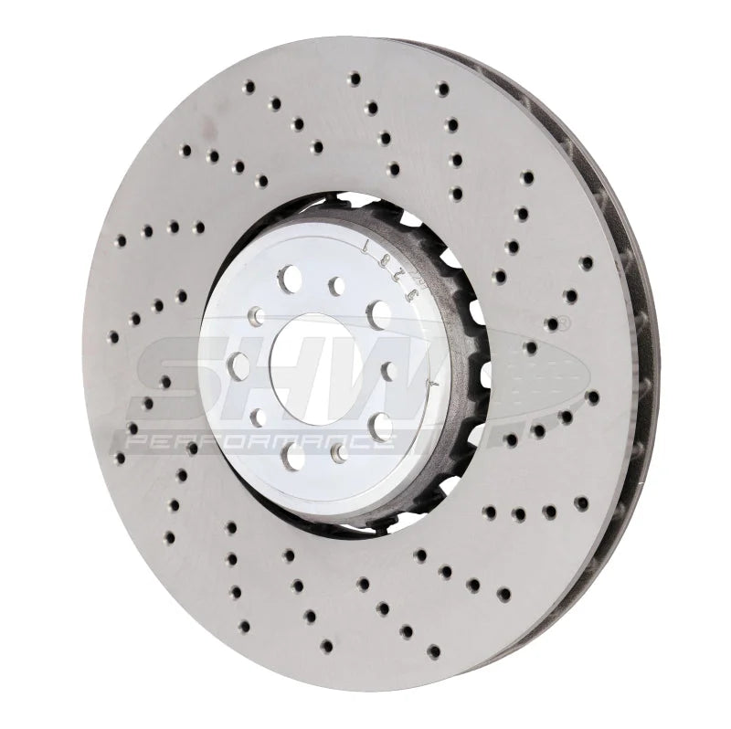 SHW 18-21 BMW M5 4.4L Right Front Cross-Drilled Lightweight Brake Rotor (34117991102) - Main Product View