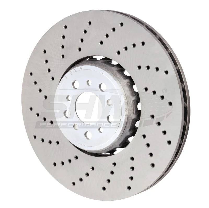 SHW 2020+ BMW X3 M 3.0L Left Front Cross-Drilled Lightweight Brake Rotor (34118054825) - Main Product View