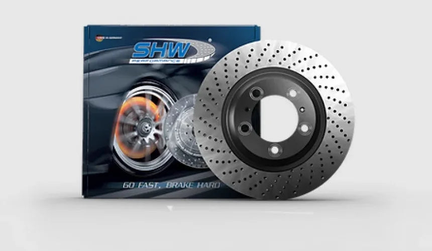 SHW 17-19 Porsche 911 Carrera 3.0L w/o Ceramics Left Front Cross-Drilled MB Brake Rotor (9P1615301A) - Side View