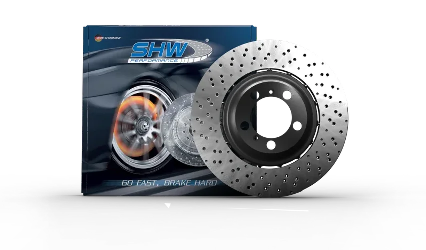SHW 03-08 Lamborghini Gallardo 5.0L Left Front Cross-Drilled Lightweight Brake Rotor (400615301B) - Side View