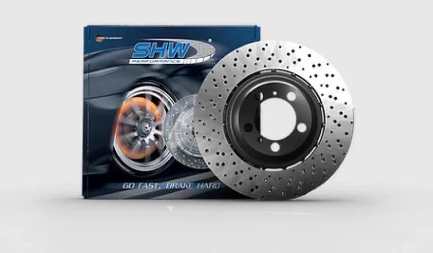 SHW 19-21 BMW M2 Competition 3.0L Left Rear Cross-Drilled Lightweight Brake Rotor (34118072019) - Side View