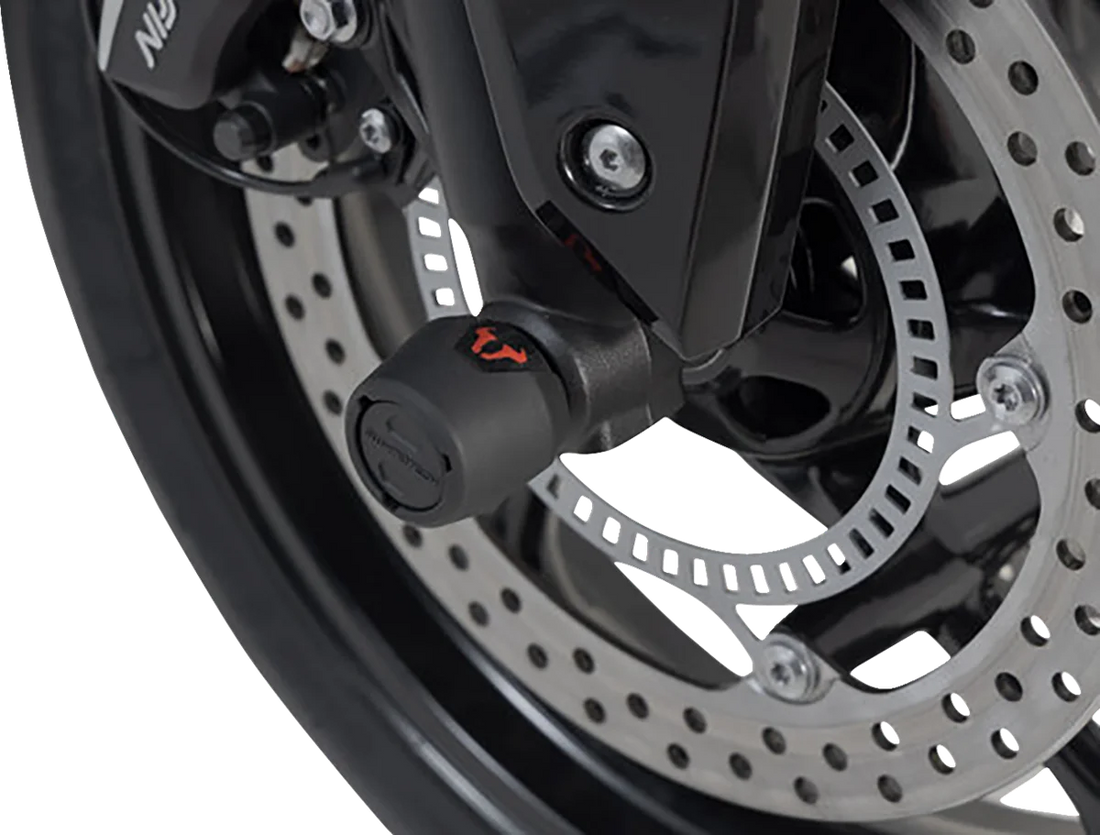 SW-MOTECH Axle Sliders - Front - Set - Triumph 660/675/765 STP.11.176.10501/B - Back View