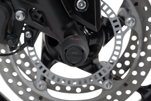 Load image into Gallery viewer, SW-MOTECH Axle Sliders - Front - Set - Triumph 660/675/765 STP.11.176.10501/B - Installation View
