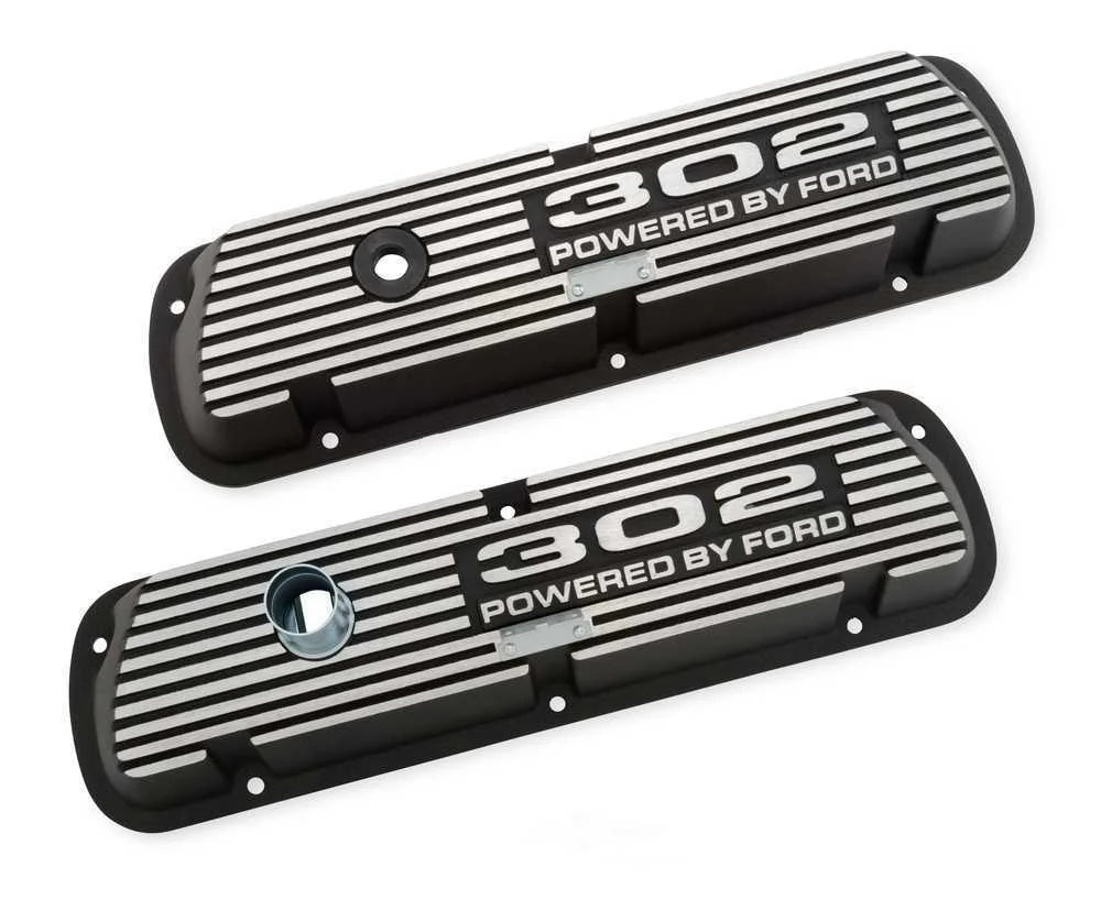 Scott Drake Aluminum Valve Cover w/302 Powered by Logo Wrinkle Black Finish 6A582-302 fits 1968-1973 Ford Mustang - Side View