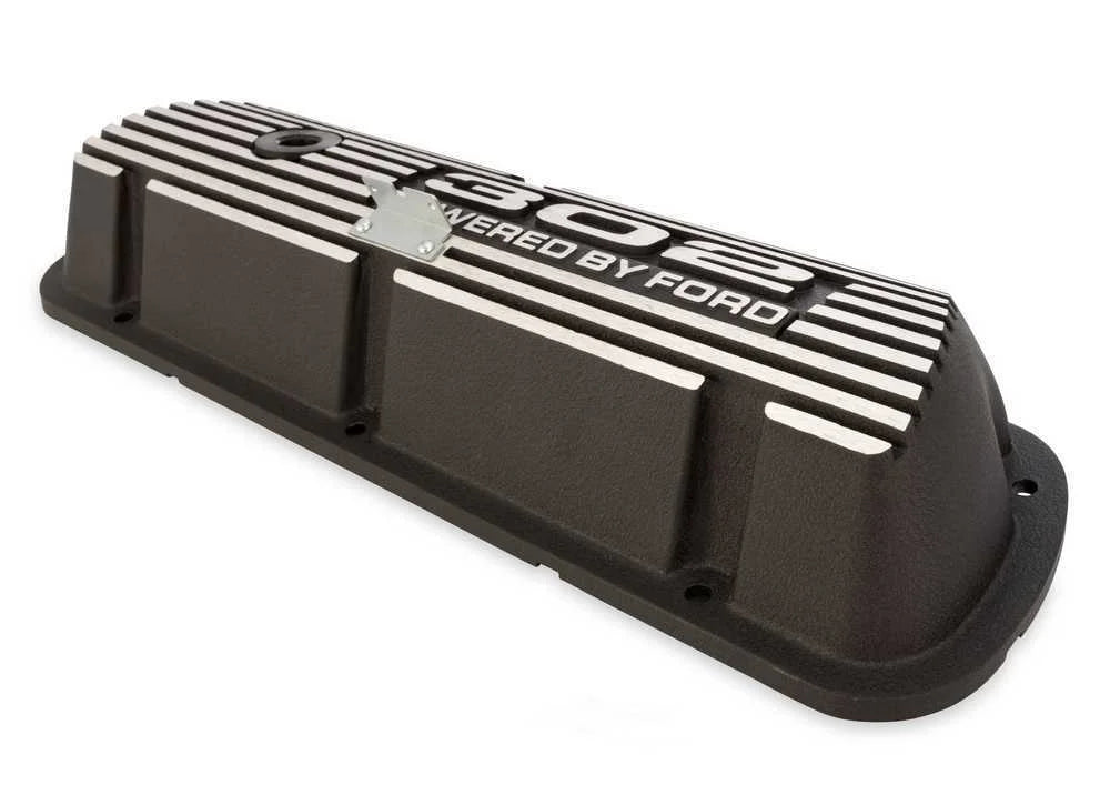Scott Drake Aluminum Valve Cover w/302 Powered by Logo Wrinkle Black Finish 6A582-302 fits 1968-1973 Ford Mustang - Back View