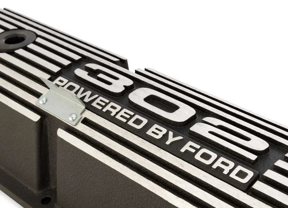 Scott Drake Aluminum Valve Cover w/302 Powered by Logo Wrinkle Black Finish 6A582-302 fits 1968-1973 Ford Mustang - Additi...