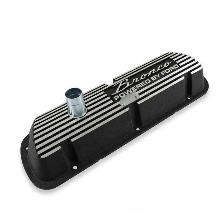 Scott Drake Aluminum Valve Covers Black with Powered by Logo 6A582-B fits 1966-1977 Ford Bronco - Installation View