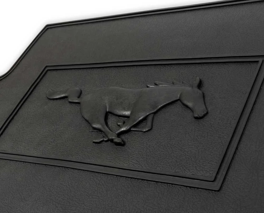 Scott Drake Floor Mat Set Rubber with Running Horse Logo C5ZZ-6513086-BK fits 1965-1966 Ford Mustang - Installation View