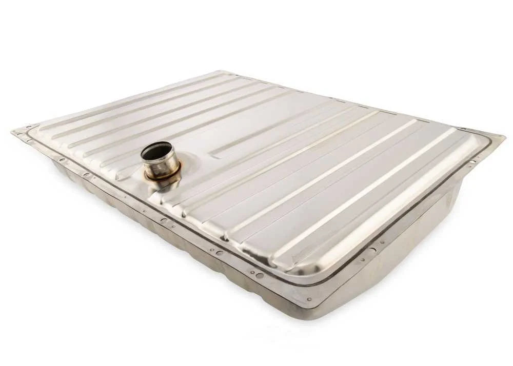 Scott Drake Polished Stainless Steel Fuel Tank with Drain Plug C5ZZ-9002-SS fits 1964-1968 Ford Mustang - Side View