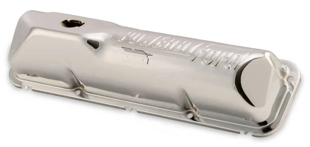 Scott Drake "Powered by Ford" Chrome Valve Covers C6OZ-6A582-C fits 1967-1970 Ford Mustang 390 / 428 - Side View