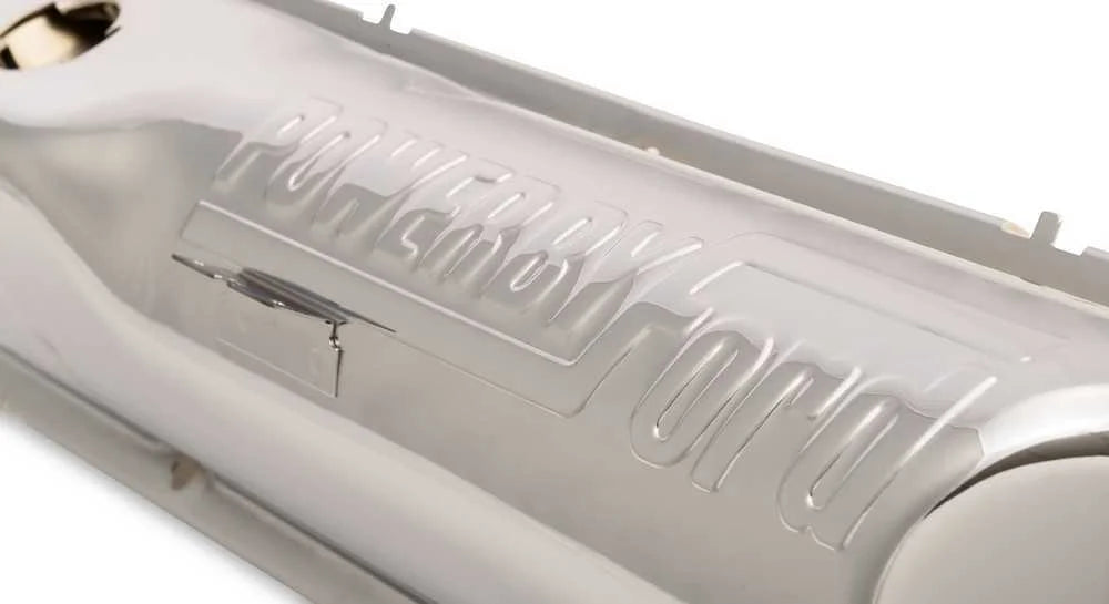Scott Drake "Powered by Ford" Chrome Valve Covers C6OZ-6A582-C fits 1967-1970 Ford Mustang 390 / 428 - Back View