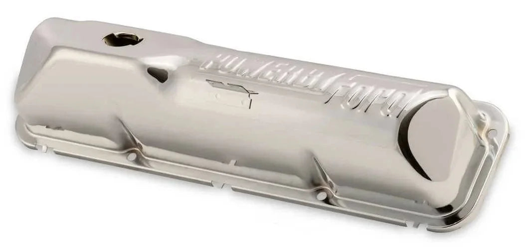Scott Drake "Powered by Ford" Chrome Valve Covers C6OZ-6A582-C fits 1967-1970 Ford Mustang 390 / 428 - Side View