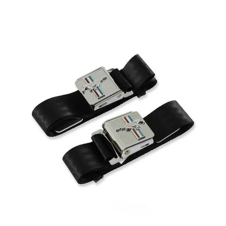 Scott Drake Seat Belt with Tri-Bar Running Horse Emblem Pair Black SB-BK-H fits 1964-1973 Ford Mustang - Installation View