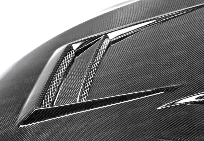 Seibon 08-12 Mitsubishi Lancer Evo X DV-Style Carbon Fiber Hood - Installation View