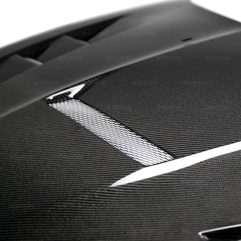 Seibon 15-17 Ford Focus TV-Style Carbon Fiber Hood - Back View