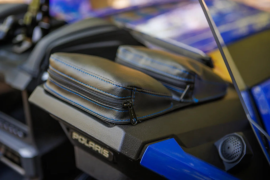 Show Chrome Kaliber Dash Pouch - Black with Blue Stitching - Side View