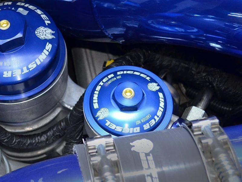 Sinister Diesel 03-07 Ford 6.0L Powerstroke Blue Spring Kit w/ Adjustable Billet Spring Housing - Side View