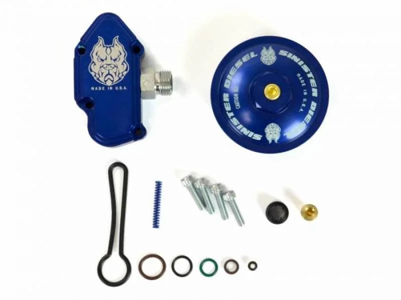 Sinister Diesel 03-07 Ford Powerstroke 6.0L Blue Spring Kit w/ Billet Spring Housing/Fuel Filter Cap - Main Product View