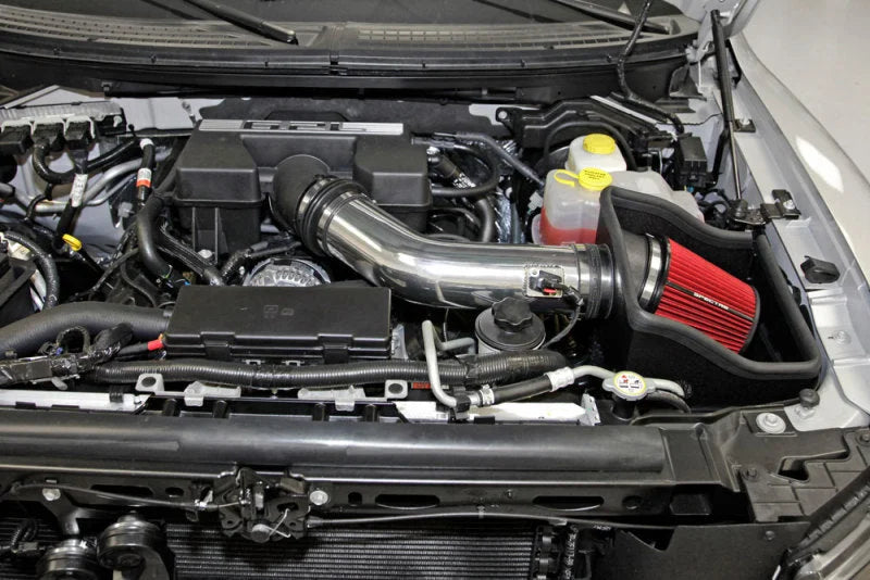 Spectre 11-14 Ford F150 SVT Raptor V8-6.2L F/I Air Intake Kit - Polished w/Red Filter - Back View