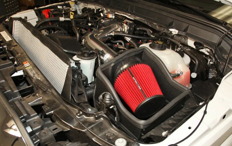 Spectre 11-14 Ford F250/350 V8-6.2L F/I Air Intake Kit - Polished w/Red Filter - Back View