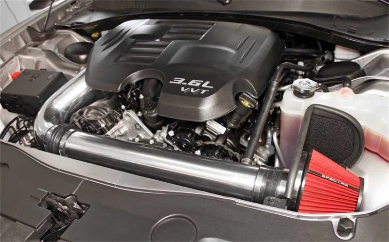 Spectre 11-17 Challenger/Charger 3.6L Air Intake Kit - Polished w/Red Filter - Back View