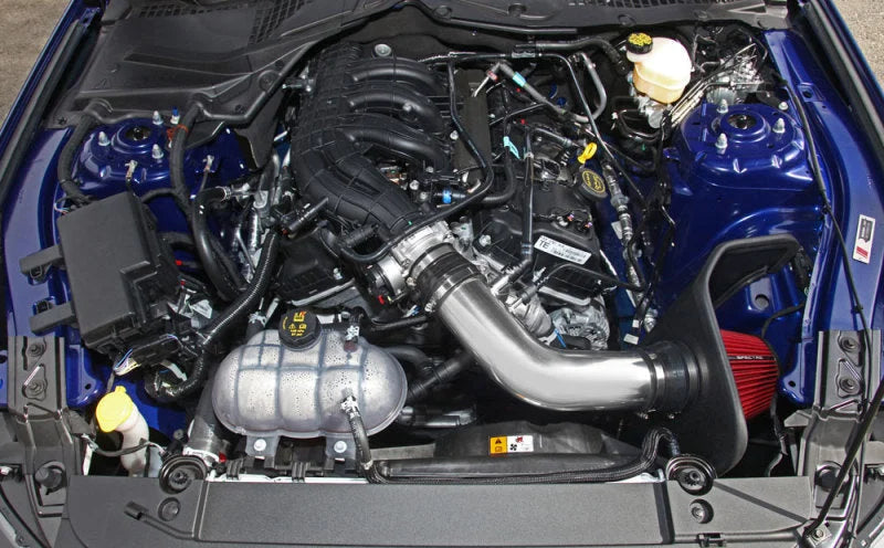 Spectre 15-16 Ford Mustang V6-3.7L F/I Air Intake Kit - Polished w/Red Filter - Back View