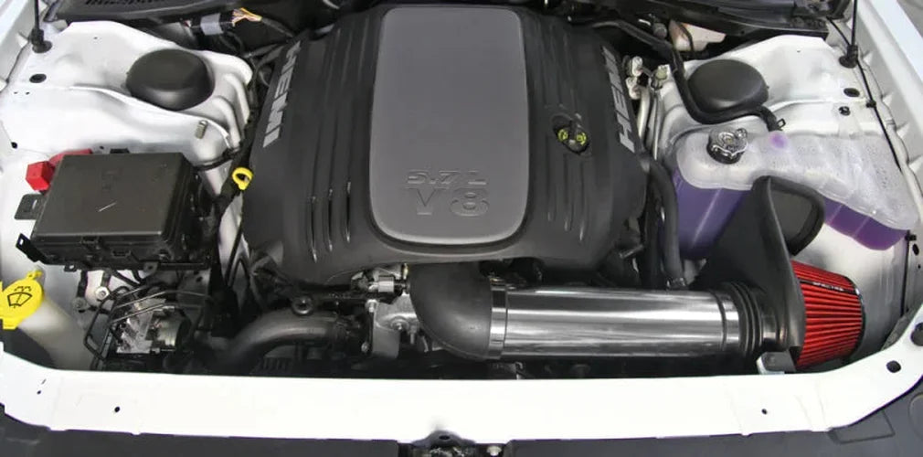 Spectre 11-17 Dodge Challenger/Charger 5.7L V8 Air Intake Kit - Polished w/Red Filter - Side View