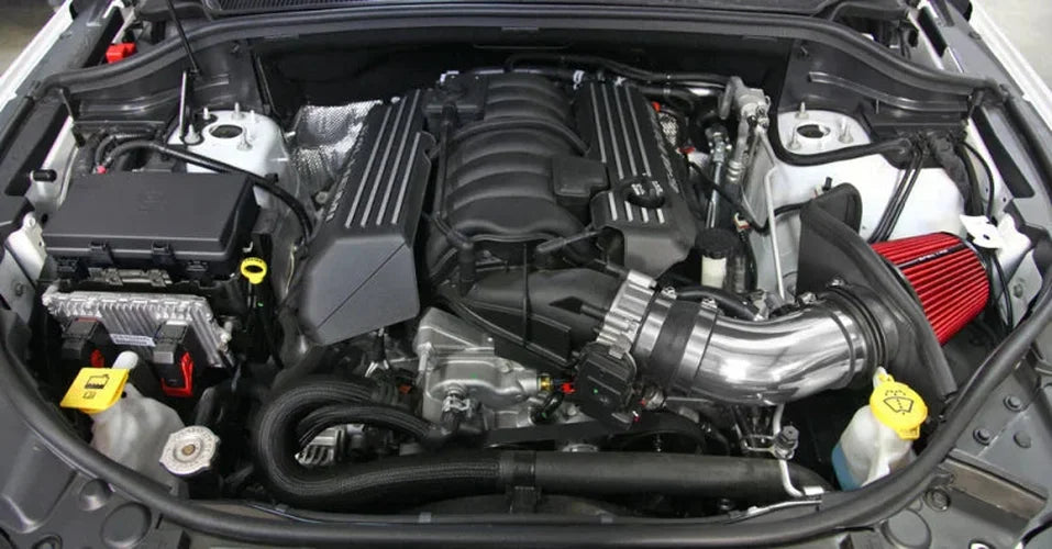 Spectre 12-18 Jeep Grand Cherokee V8-6.4L F/I Air Intake Kit - Polished w/Red Filter - Side View
