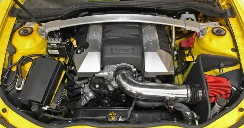 Spectre 10-12 Chevy Camaro V8-6.2L F/I Air Intake Kit - Clear Anodized w/Red Filter - Back View