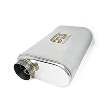 Load image into Gallery viewer, Stainless Bros 17in Overall Length 3in Thin Oval SS304 Muffler - 3in Offset In/Offset Out - Side View