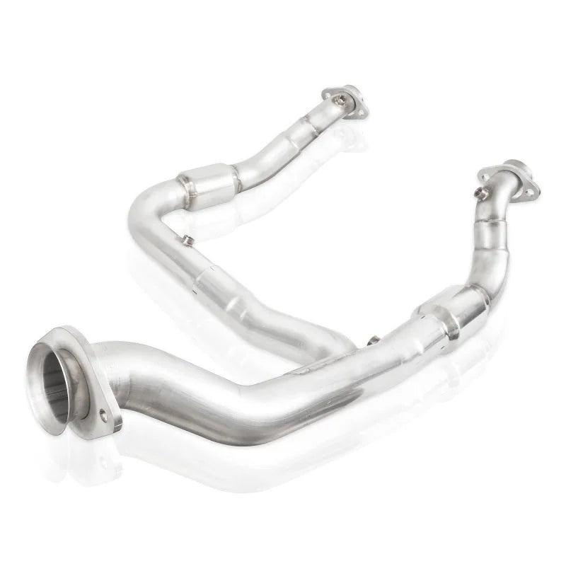Stainless Works 15-18 F-150 3.5L Downpipe 3in High-Flow Cats Y-Pipe Factory Connection - Side View