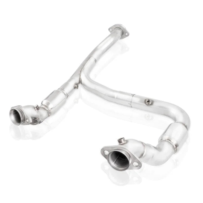 Stainless Works 15-18 F-150 3.5L Downpipe 3in High-Flow Cats Y-Pipe Factory Connection - Detail View