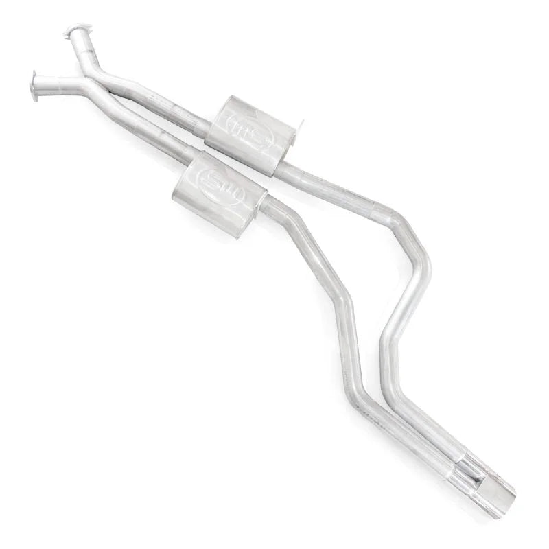 Stainless Works 2004 GTO 3in Catback Chambered Mufflers X-Pipe Slash Cut Tips - Side View