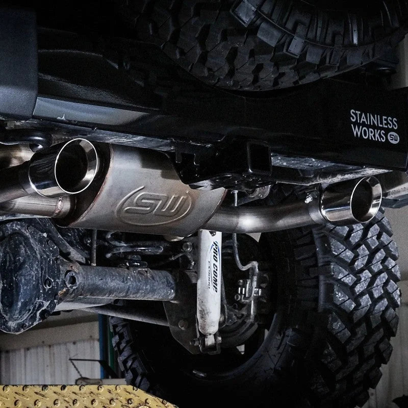 Stainless Works 2007-17 Jeep Wrangler Axleback Exhaust - Back View