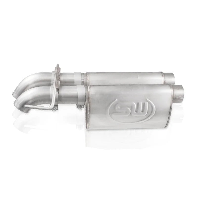 Stainless Works 2010-14 Ford Raptor 3in Exhaust Chambered Mufflers Dump Exit - Detail View