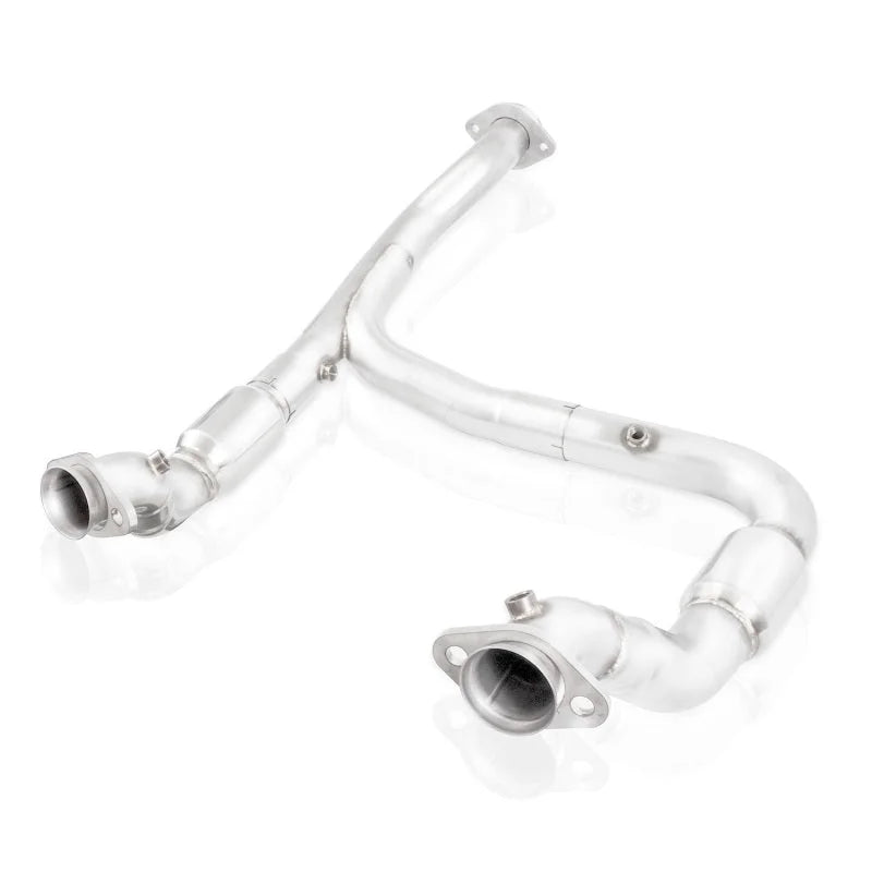 Stainless Works 2015-16 F150 2.7L Downpipe 3in High-Flow Cats Y-Pipe Factory Connection - Side View