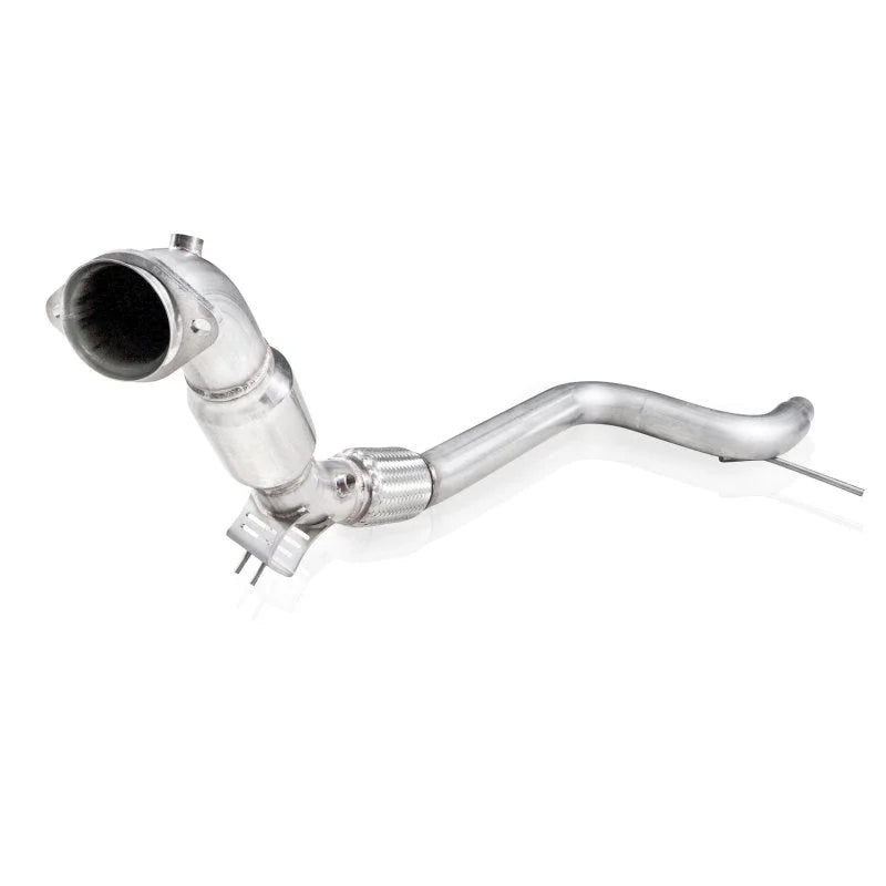 Stainless Works 2015-16 Mustang Downpipe 3in High-Flow Cats Factory Connection - Side View