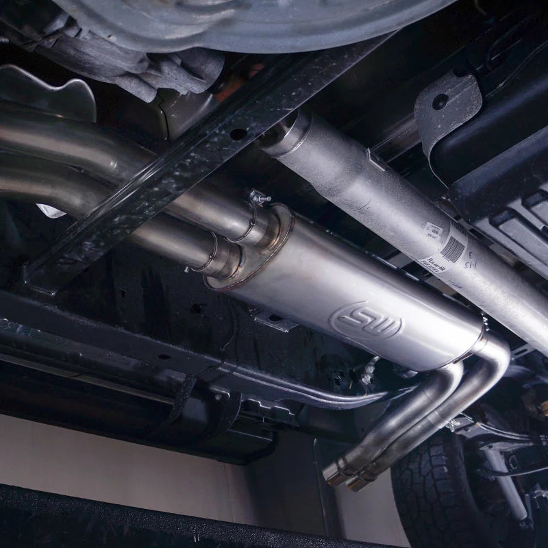 Stainless Works 2015-18 F-150 Exhaust X-Pipe Resonator Muffler Exits In Front Of Passenger Rear Tire - Side View