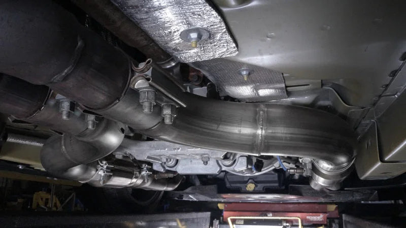 Stainless Works 2015+ Ford GT350 Headers 1-7/8in Primaries High-Flow Cats 3in Collectors - Side View