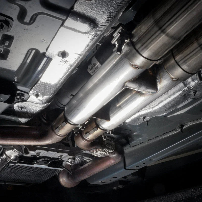 Stainless Works 2018+ Ford Mustang GT 3in Redline Series Catback H-Pipe w/Active Valves & Quad Tips - Side View
