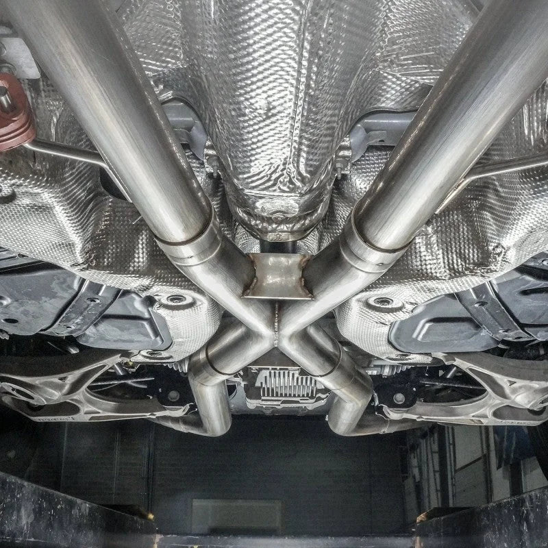 Stainless Works 2018 Jeep TrackHawk 6.2L 3in Catback System X-Pipe Turbo S-Tube Muffler Stock Exit - Installation View