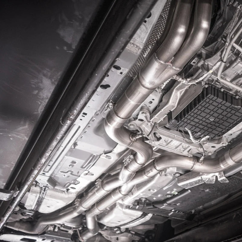 Stainless Works 2020 Ford GT500 Legend Catback X-Pipe Exhaust Factory Connect - Black Tips - Installation View